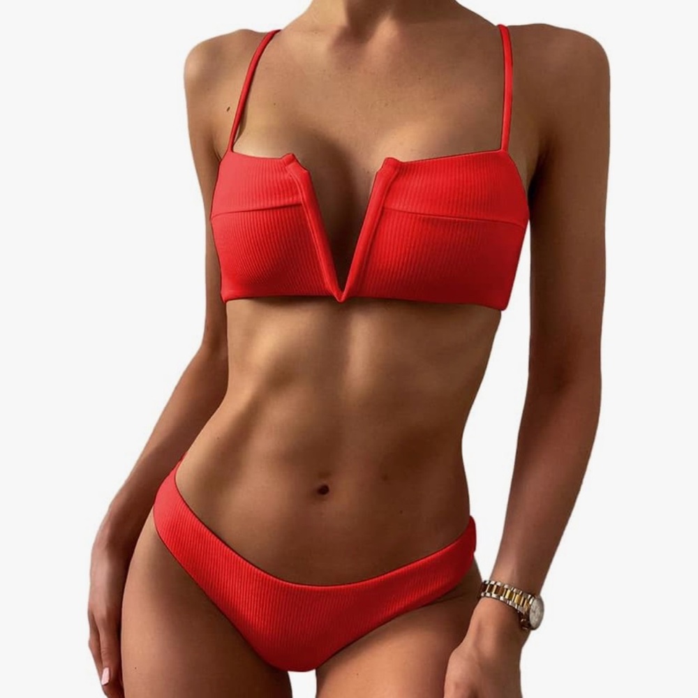 ZAFUL Red Ribbed Bikini Set High Waist Bottom and Top V Wire Bikini Small